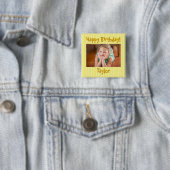 Happy Birthday Photo Yellow and White Striped Vierkante Button 5,1 Cm (In situ)