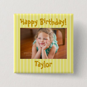 Happy Birthday Photo Yellow and White Striped Vierkante Button 5,1 Cm