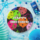 Happy Birthday Pickleball Balloons Confetti Black Papieren Bordje (Feest)