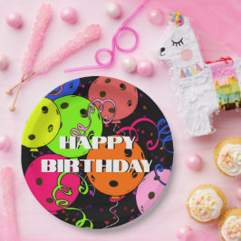 Happy Birthday Pickleball Balloons Confetti Black Papieren Bordje