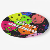 Happy Birthday Pickleball Balloons Confetti Black Papieren Bordje (Gekanteld)