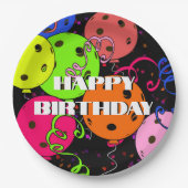 Happy Birthday Pickleball Balloons Confetti Black Papieren Bordje (Voorkant)