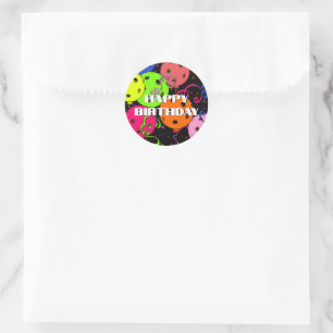 Happy Birthday Pickleball Balloons Confetti Black Ronde Sticker