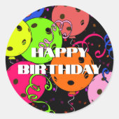 Happy Birthday Pickleball Balloons Confetti Black Ronde Sticker (Voorkant)