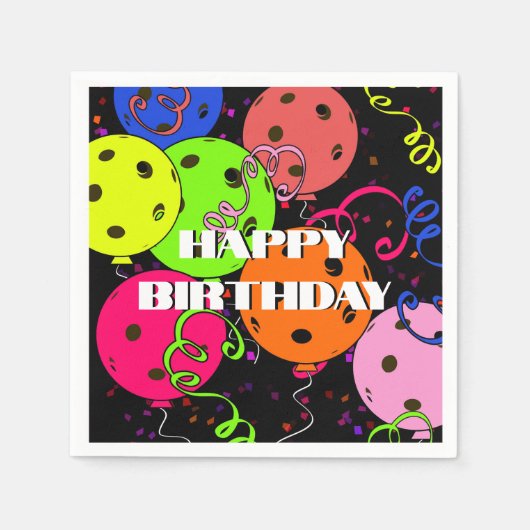 Happy Birthday Pickleball Balloons Confetti Black Servet (Voorkant)