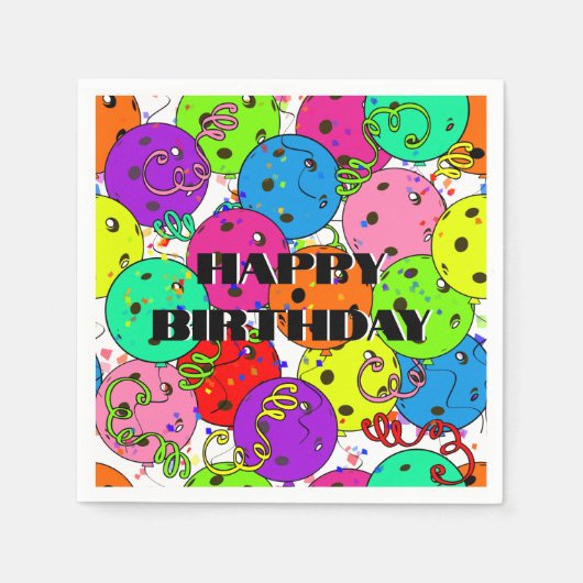 Happy Birthday Pickleball Balloons Confetti White Servet (Voorkant)