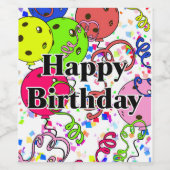 Happy Birthday Pickleball Balloons Confetti White Wijn Etiket (Enkel label)