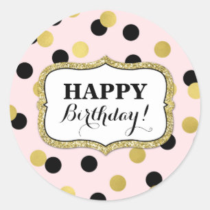 Happy Birthday Pink Black Gold Confetti Ronde Sticker