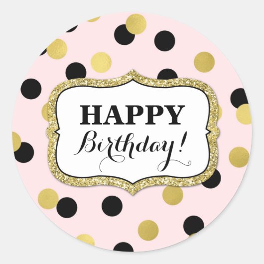 Happy Birthday Pink Black Gold Confetti Ronde Sticker (Voorkant)