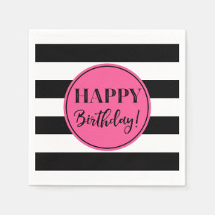 Happy Birthday Pink Black White Stripes Napkins Servet