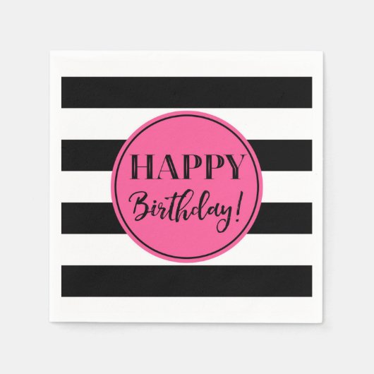 Happy Birthday Pink Black White Stripes Napkins Servet (Voorkant)