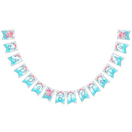 Happy Birthday Pink Blue Turquoise Floral Vlaggetjes