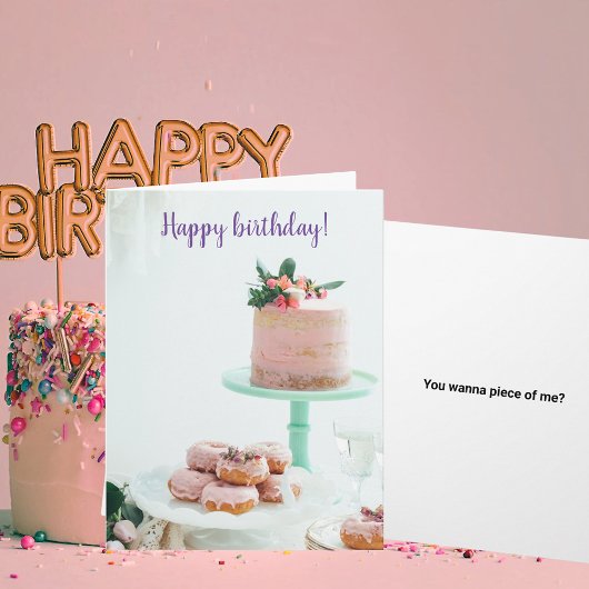 Happy Birthday Pink Cake and Donuts Funny Quote Kaart