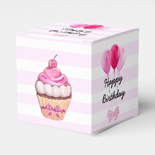 Happy Birthday Pink Cherry Cupcake met Bows Box Bedankdoosjes (Voorkant Zijde)