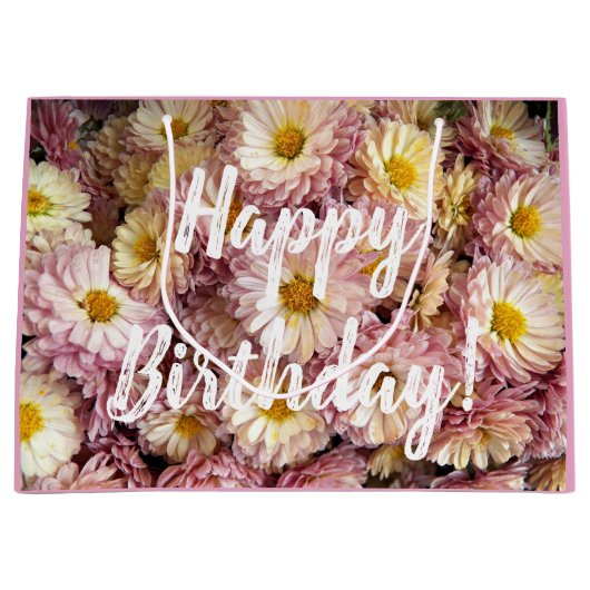Happy Birthday Pink Chrysanthemums Floral Foto Groot Cadeauzakje (Voorkant)