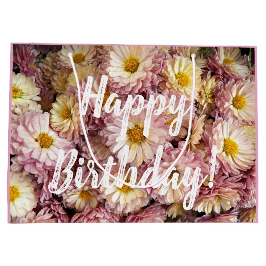 Happy Birthday Pink Chrysanthemums Floral Foto Groot Cadeauzakje (Achterkant)