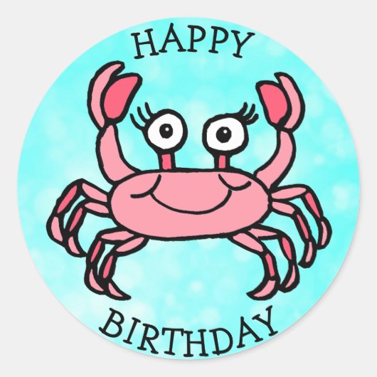 Happy Birthday Pink Crab Onder het Zee Ronde Sticker (Voorkant)