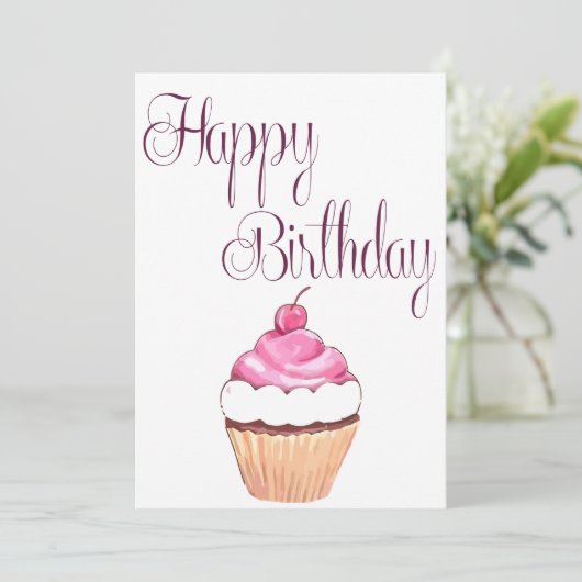 Happy Birthday Pink Cupcake Kaart (Staand voorkant)