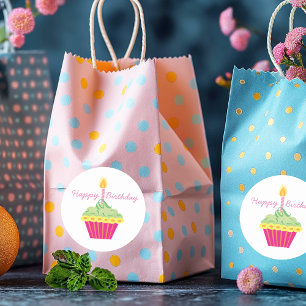 Happy Birthday Pink Cupcake Ronde Sticker