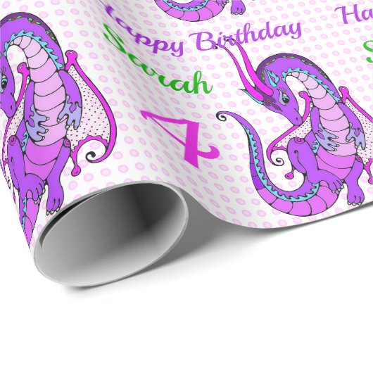 Happy Birthday Pink Dragon Girl's Name Custom Cadeaupapier (Rol Hoek)
