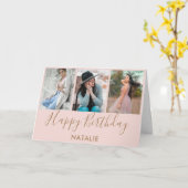 Happy Birthday Pink en Gold 3 Photo Collage Kaart (Gele Bloem)