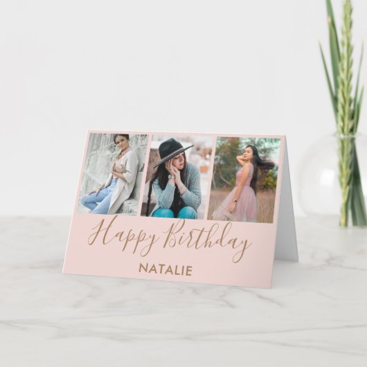 Happy Birthday Pink en Gold 3 Photo Collage Kaart (Voorkant)