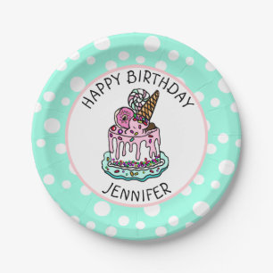 Happy Birthday Pink en Mint Green Girl's Napkins Papieren Bordje