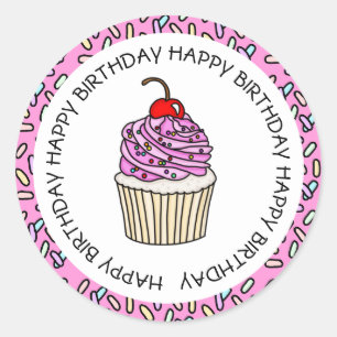 Happy Birthday Pink en Vanilla Cupcake Ronde Sticker