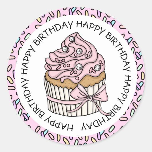 Happy Birthday Pink en Vanilla Cupcake Ronde Sticker (Voorkant)
