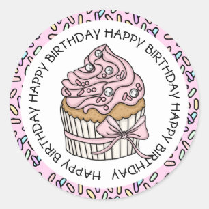 Happy Birthday Pink en Vanilla Cupcake Ronde Sticker
