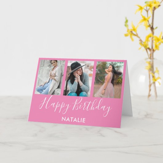 Happy Birthday Pink en White 3 Photo Collage Kaart (Gele Bloem)