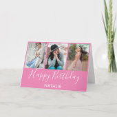 Happy Birthday Pink en White 3 Photo Collage Kaart (Voorkant)