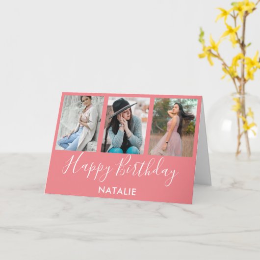 Happy Birthday Pink en White 3 Photo Collage Kaart (Gele Bloem)