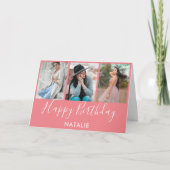 Happy Birthday Pink en White 3 Photo Collage Kaart (Voorkant)
