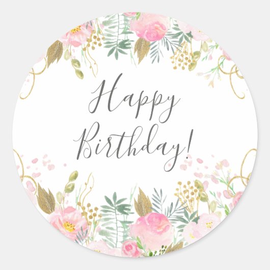 Happy Birthday Pink Floral Ronde Sticker (Voorkant)
