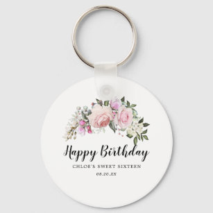Happy Birthday Pink Floral Sweet 16 Party Favor Sleutelhanger