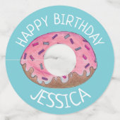 Happy Birthday Pink Frosted Donut Doughnut Wijnglaslabel (Voorkant)