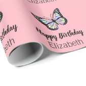 Happy Birthday Pink Girl's Name Butterfly Cadeaupapier (Rol Hoek)