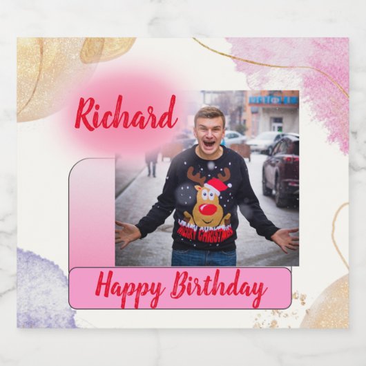 Happy Birthday Pink Gradient Modern Fotonaam toevo Sparkling Wijnetiket (Enkel label)