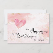 Happy Birthday Pink Heart Waterverf Kaart (Voorkant)