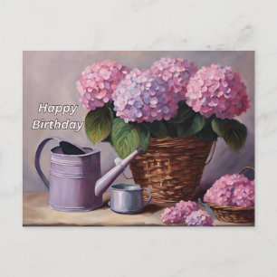 Happy Birthday Pink Hydrangea Bloemen in een mandj Feestdagenkaart