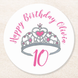 Happy Birthday Pink Princess Party Tiara Crown Ronde Kartonnen Onderzetter