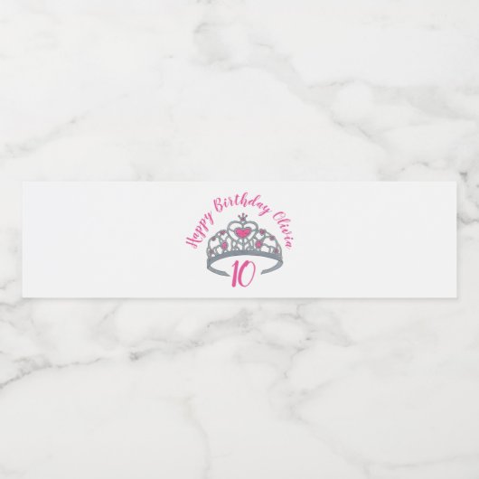 Happy Birthday Pink Princess Party Tiara Crown Waterfles Etiket (Enkel label)