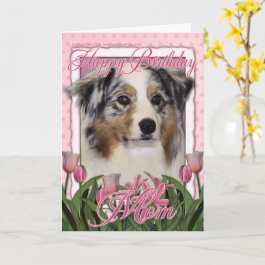 Happy Birthday - Pink Tulips - Australian Shepherd Kaart (Gele Bloem)