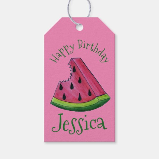 Happy Birthday Pink Watermelon Slice Fruit Picnic Cadeaulabel (Voorkant)