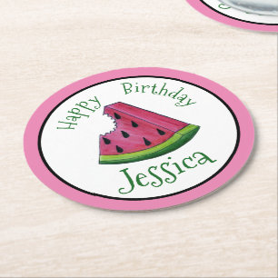 Happy Birthday Pink Watermelon Slice Fruit Picnic Ronde Kartonnen Onderzetter