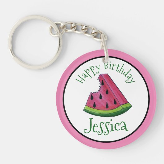 Happy Birthday Pink Watermelon Slice Fruit Picnic Sleutelhanger (Voorkant)