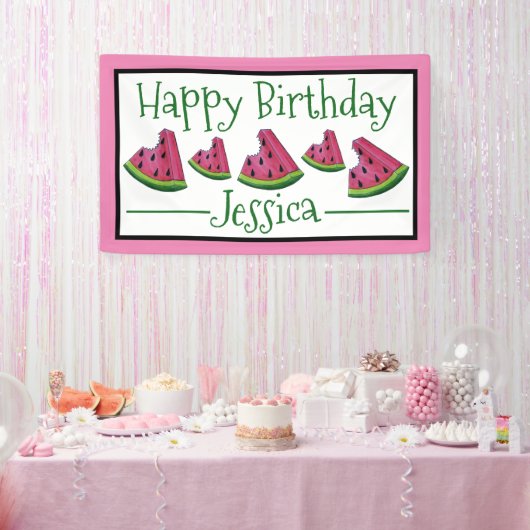 Happy Birthday Pink Watermelon Slice Fruit Picnic Spandoek (Feest)