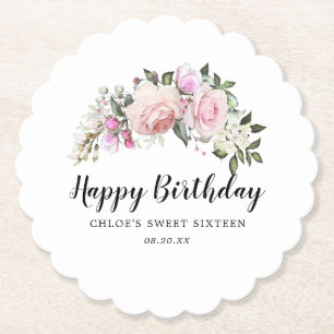 Happy Birthday Pink White Floral Kartonnen Onderzetters