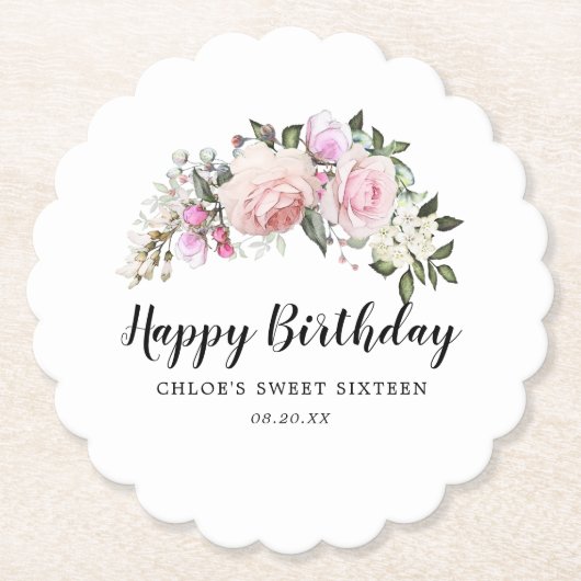 Happy Birthday Pink White Floral Kartonnen Onderzetters (Voorkant)